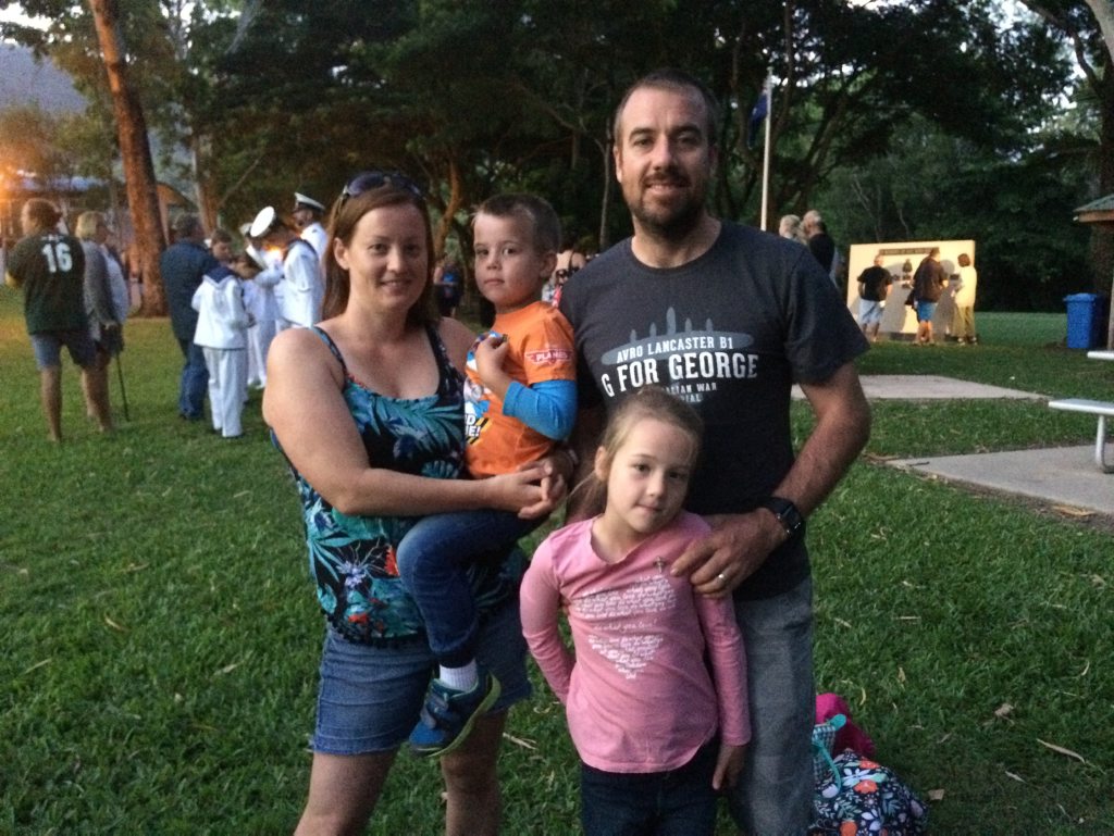 Liz and James Fogg brought their children Marcus, 5, and Jasmine, 7, along to their first Anzac Day dawn service. Photo Lucy Smith / Daily Mercury